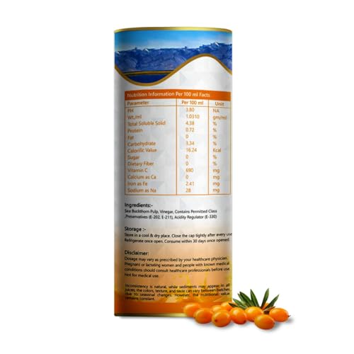 Image of Growfitz Himalayan Sea Buckthorn Pulp Concentrate 500 ML | Cold-Pressed | Makes 80 Glass, Natural Vitamin C, Omega 3 6 7 9, Antioxidants | Immunity, Skin Glow & Gut Health Support | Seabuckthorn Juice