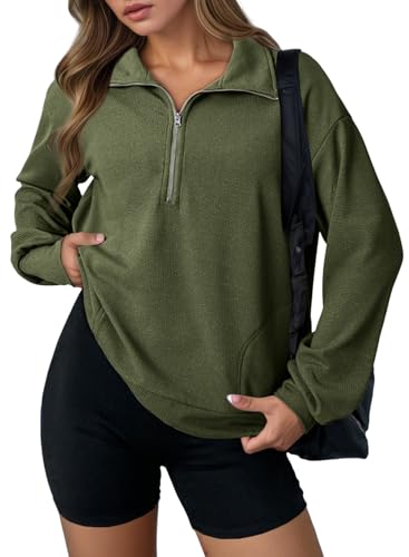 Dokotoo Sweatshirt for Women Early Fall Fashion 2025 Oversized Waffle Knit Hoodies Plus Size Womens Clothing Half Zip Up Long Sleeve Casual Lightweight Soft Warm Sweatshirts Top Shirts Green Large
