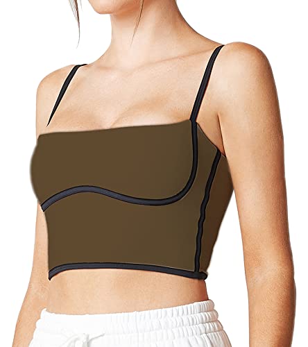 Image of Sleeveless Spaghetti Strap Padded Sports Bra Tank Tops Square Neck Double Layer Workout Fitness Basic Crop Tops