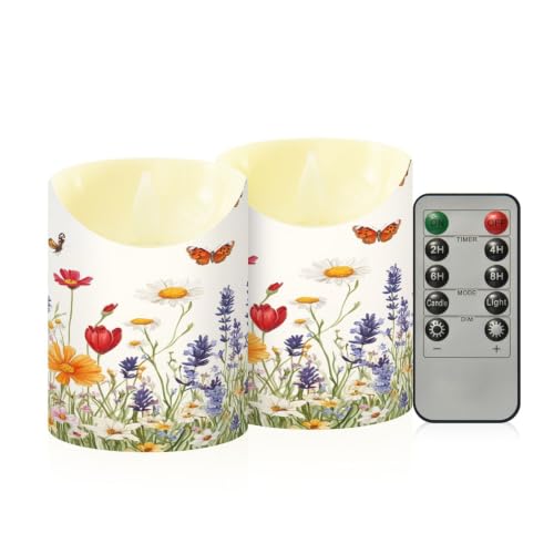 Ewusp Juego de 2 velas sin llama con diseño de mariposas y flores silvestres, funciona con pilas, con control remoto y temporizador, para decoración del hogar, bodas, vacaciones, fiestas, centros de