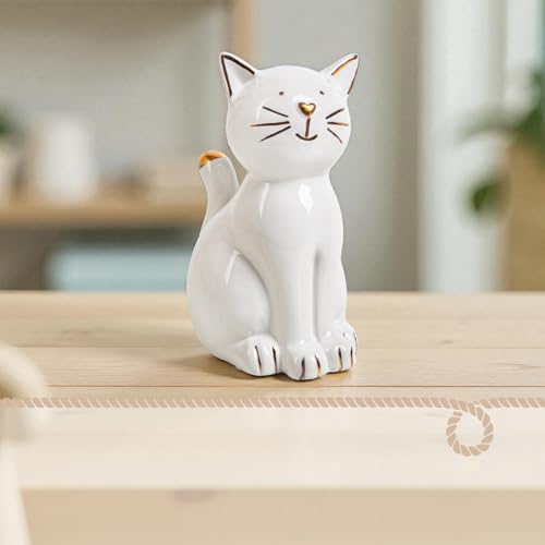 Figurine Chat Porcelaine Blanche Doré 13,5 cm Logbuch-Verlag