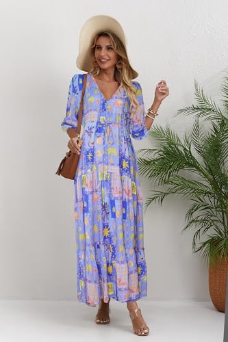 Image of Women Short Sleeve V Neck Floral Print Casual Bohemian Maxi Dresses