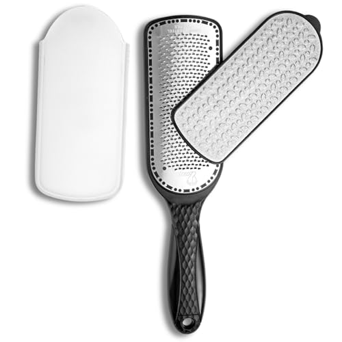 Double-Sided Stainless Steel Foot File Callus Remover with Long Handle & Protective Cover – Pedicure Tool for Dead Skin, Dry & Cracked Heels