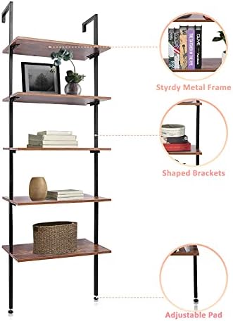 Pipe Wall Shelf, 5 Tiers Industrial Ladder Shelf, Industrial Retro Iron Pipe Rack DIY Storage Shelf, Industrial Pipe Bookcase, Ladder Shelf Bookcase Floor Standing for Living Room, Bedroom, Kitchen