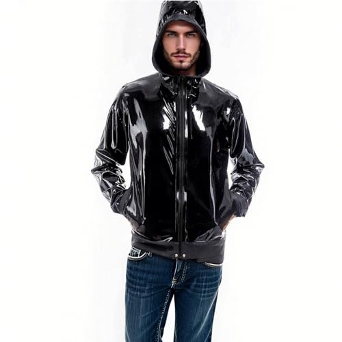 Veste en latex noir fait main ABWL avec capuche élégante et poches pratiques pour homme