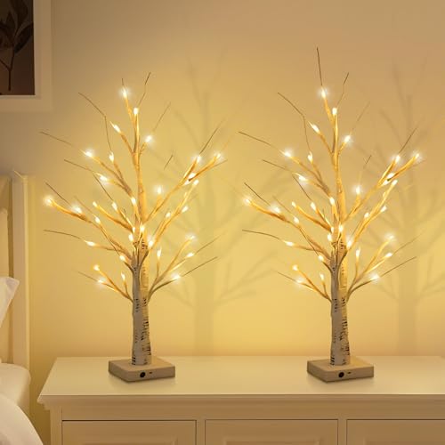 2er Set Lichterbaum Birke 60cm mit 24 Warmweißen LEDs, Verstellbare...