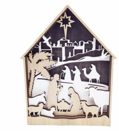 Acecare Christmas Nativity Scene Decoration Carving Jesus Wooden House Religious Gift Christmas Decoration Wooden Desktop Holiday Decoration Home Desktop Christmas Table Decoration