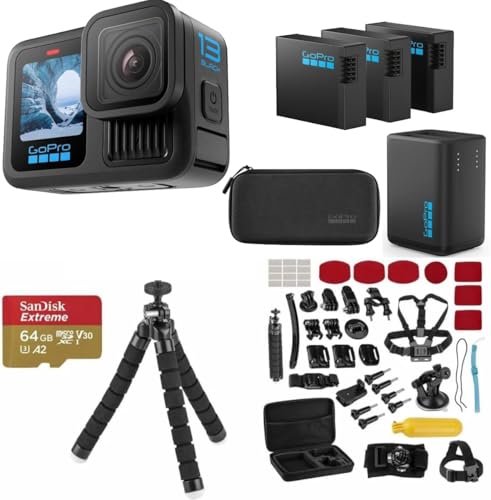 GoPro HERO13 Black Action Camera Bundle with 3 Enduro Batteries, Dual Charger, 64GB microSD, Accessory Kit – 5.3K Ultra HD Video, HyperSmooth 6.0, Waterproof Adventure Camera