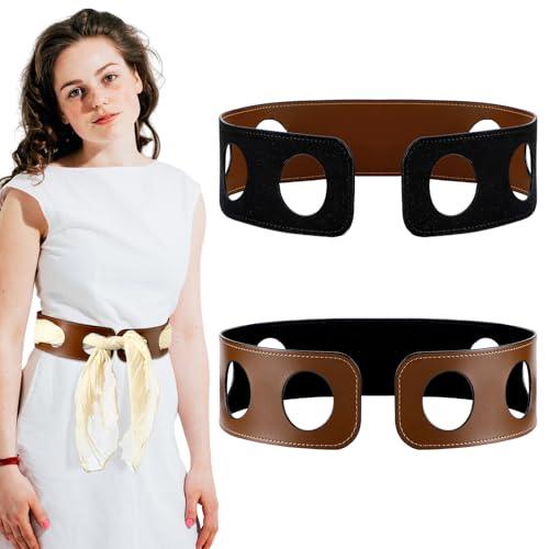 Reversible Scarf Waist Belt Leather Black and Tan Accessory 27.5 in Wide Leather Belts for Women Fashion Ladies Belts for Dress Prom Formal Without Silk Scarf, 2 Styles in One Belt