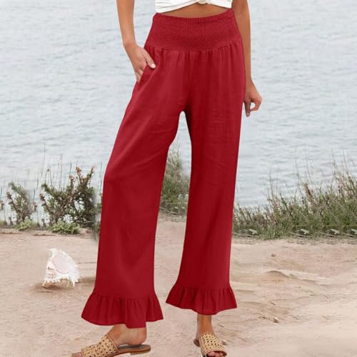 Image of Palazzo Pants for Women Linen Smocked Elastic Waist Ruffle Wide Leg Pants Summer Beach Flowy Boho Pant with Pockets