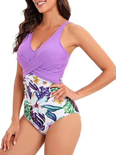 One Piece Bathing Suit For Women Front Cross Athletic Tummy Control Swimsuits V Neck Slimming Swimwear Purple Print L 03New #TOP3