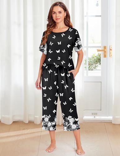 Image of Ekouaer Women's Two Piece Lounge Set Short Sleeve Shirt and Capri Pants Mumu Pajama with Pockets Loungewear Pjs Sets S-2XL