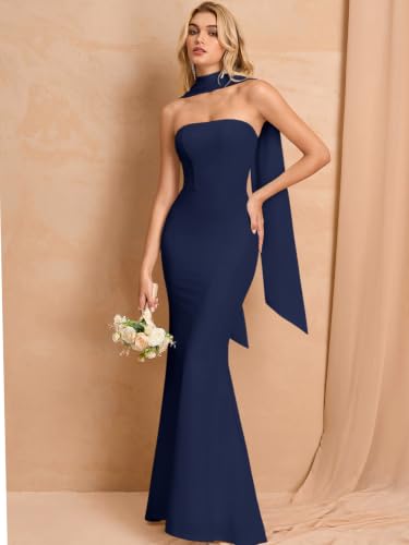 Image of Auraxe 2026 Women's Bodycon Formal Maxi Dresses Elegant Tube Summer Wedding Guest Cocktail Party Dress with Scarf