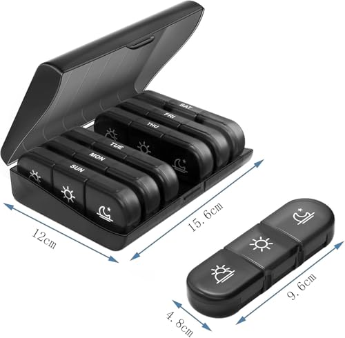 Weekly Pill Organiser 3 Times A Day, 7 Day Tablet Box With Large Compartments, Black, Travel Medicine Organiser With Am/Pm Labels Monday To Sunday - 2