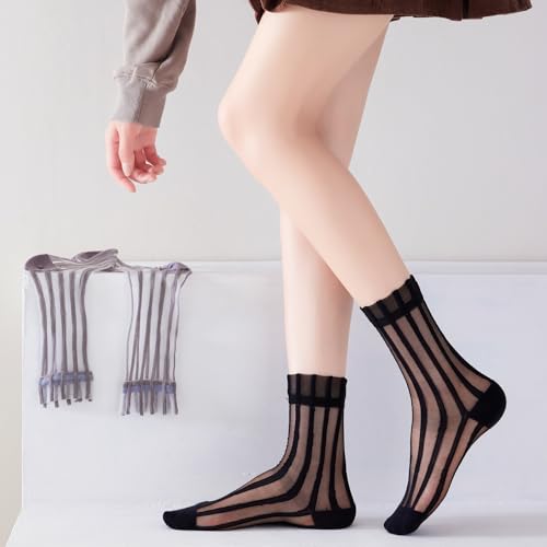 Image of Yomutuir Sheer Socks for Women, Summer Mesh Stripe Patterned Transparent Thin Lace Elastic Crystal Glass Socks