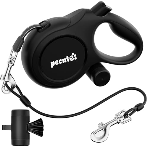 Pecute Guinzaglio per Cani Allungabile 8 metri con Corda Anti-morso da 46 cm, Guinzagli Retrattili con Sacchetti Igienici e Porta Sacchetti|Per Passeggiate/Addestramento/Pioggia, fino a 15-50 kg, Nero