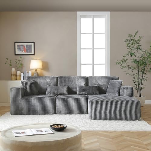 Image of L Shaped Modular Boneless Sectional Couches for Living Room, Wide Armrest, Deep Seat, Memory Foam, Assembly Free, Modern Comfy Corduroy Fluffy Cloud Sofa with Right Chaise, Grey