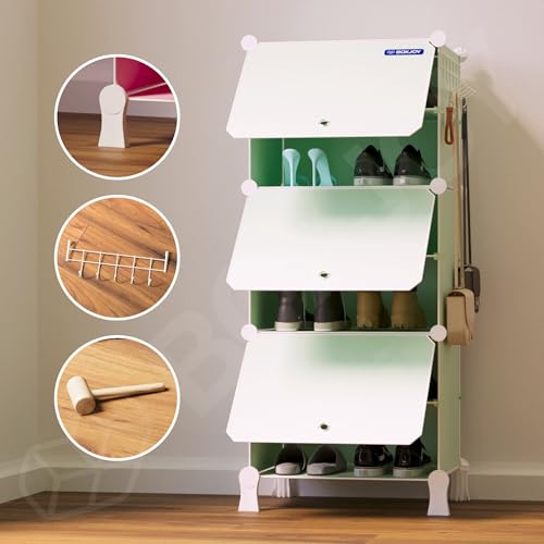 Image of BOXJOY 6 Shelf Shoe Rack with 3 Doors, Magnets, 5 Hook Steel Holder & Wooden Hammer for Home Storage PP Plastic Organizer with Metal Door Frame to Cover Chappal Slipper Sandals Shoes Box Stand (Green)