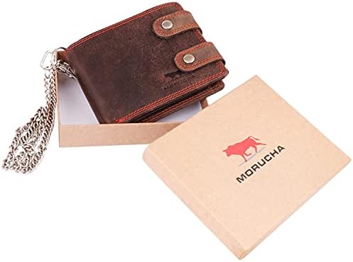 MORUCHA RFID Blocking Men's Biker Wallet Genuine Distressed Hunter Leather Purse with Detachable 45cm Metal Safety Chain M100 (Dark Brown)
