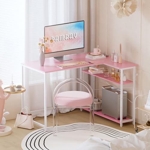 Pamray 43 Inch L Shaped Computer Desk with Reversible Side Storage Shelves, Small Corner Desk for Small Space Home Office,Writing Study Table PC Desk for Bedroom,Pink with White Leg - Image 3