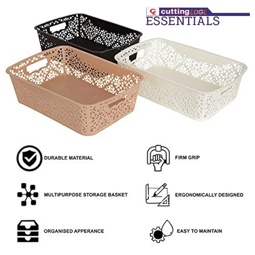 Image of Cutting Edge Essentials Medium Rectangular Plastic Storage Basket Set of 3, Multipurpose Shelf Organizer for Kitchen, Bathroom, Pantry, Cabinet & Wardrobe, Multicolor