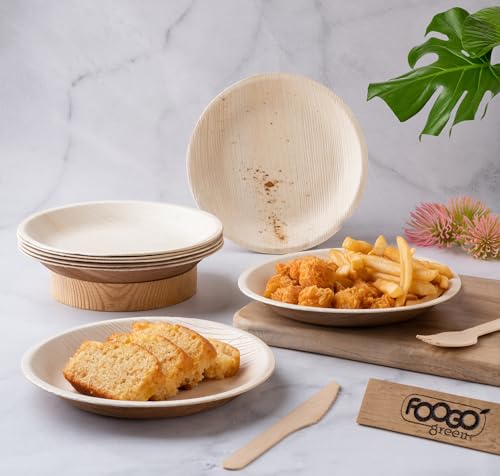 FOOGO Green 25pcs Disposable Palm Leaf Plates, 7"(18cm) Small Round for Desserts, Eco Friendly Biodegradable Compostable Like Wooden, Bamboo, Paper Plates for Hot Food, Picnic Wedding Parties