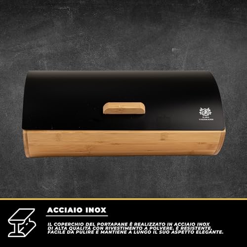 Karl Hausmann Porta Pane Da Cucina Con Coperchio - Nero Portapane Bambu - Moderno Contenitore Per Il Pane - Scatola Portapane In Metallo - Cassetta Portapane - Bread Box - 35 X 25 X 15,5 Cm - 4