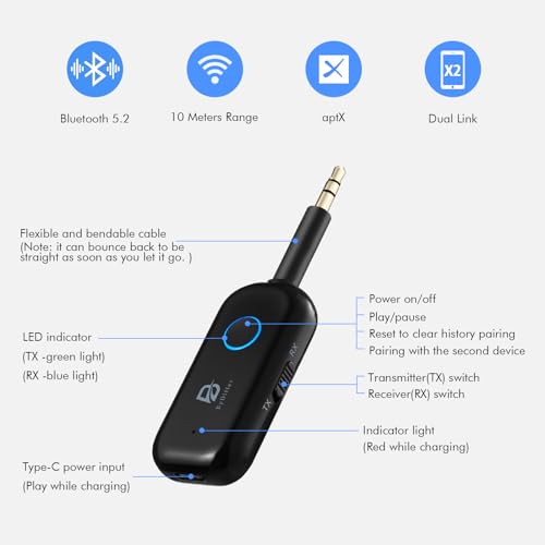 ByDiffer Bluetooth 5.2 Audio Transmitter Receiver for TV to 2 Wireless Headphones, Dual Link 3.5mm Jack AptX Low Latency Aux Bluetooth Adapter for Car, Airplane, Home Stereo (Black)