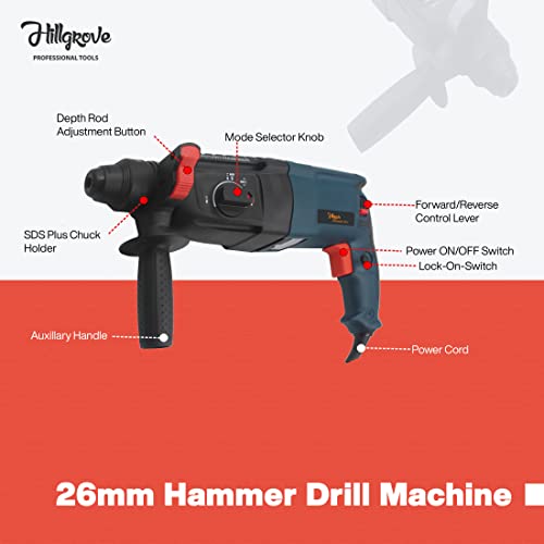 Image of Hillgrove HGHD26DG2 All Purpose Hammer Impact Drill Machine Forward /Reverse Rotaion with 5 Bits for Making Holes in Metal /Wood /Concrete Hammer Drill (26 millimeters Chuck Size, 1200 W)