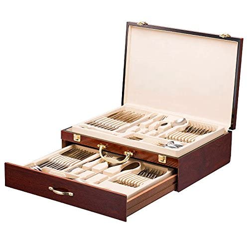 Italian Collection 'Verona' 75-Piece Premium Surgical Stainless Steel Silverware Flatware Set 18/10, Service for 12, 24K Gold-Plated Hostess Serving Set in a Wooden Case - Thumbnail 2