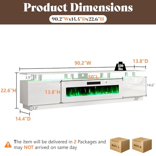 Image of AMERLIFE 90 inch High-Gloss Fireplace TV Stand with 50 inch Electric Fireplace | White LED TV Console, Modern Living Room Entertainment Center, Fits TVs up to 100 inch, 2 Cabinets, 2-Tier Storage Space