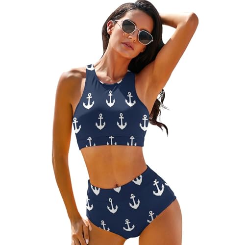 Girl's Two Piece Swimsuit, Fashion Sport Bathing Suits, Tummy Control Bikini for Travel Beach Swim Nautical Anchor Navy