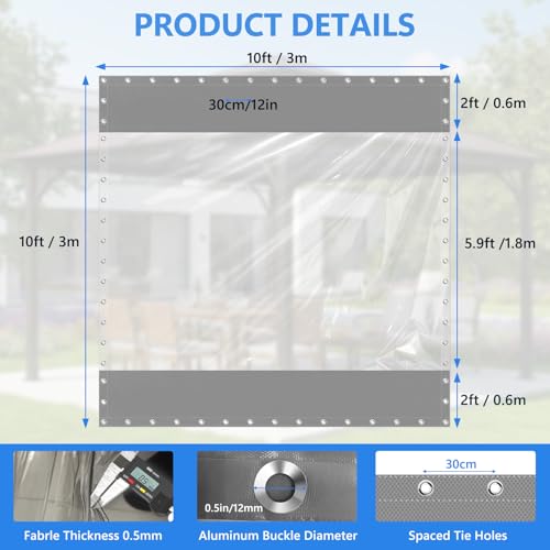 21.16oz Vinyl Curtains for Patio 10x10ft, 19.69 MIL PVC Clear Tarps with Grommets Waterproof, Weather Resistant Patio Enclosure for Outdoor Pergola Gazebo Porch Balcony, Gray by Lakexus - Image 6