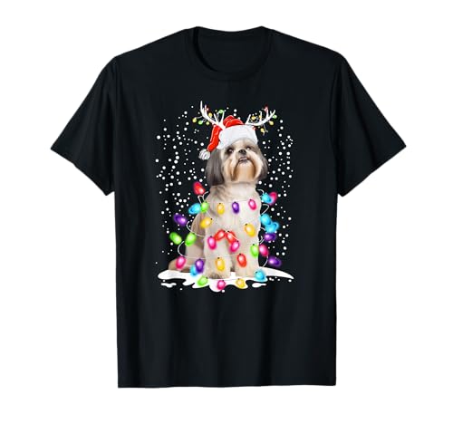 Weihnachtsbeleuchtung Xmas Shih Tzu Hund Weihnachtsmannmütze T-Shirt