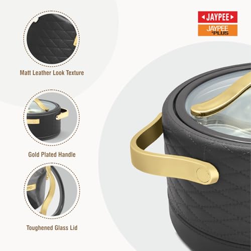 Image of JAYPEE Luxura Klass Set Inner Steel Serving Casserole Set Of 3 Toughened Glass Lid Advanced Pu Insulated 100% Food Grade Lockable Hot Box Easy To Keep Roti,Pulao|1500,2000,2500 Ml,Black,Unglazed