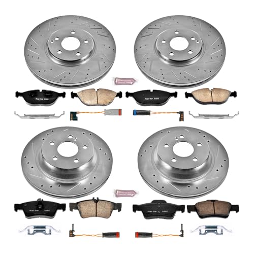 Image of PowerStop Front and Rear Brake Kit for Mercedes-Benz E500 2004-05 - Drilled and Slotted Disc Rotors with Carbon-Fiber Ceramic Brake Pads Replacement, K4517