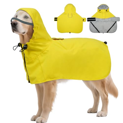 DENTRUN Waterproof Dog Rain Jacket with Hood for Golden Retriever, Husky – Extra-Long Coverage for Heavy Rain, Beach Trips, Dog Parks – Magic Tape & Mesh Lining, XXL