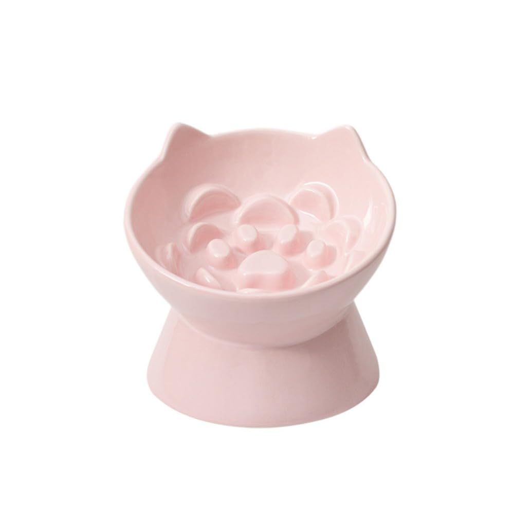 Ceramic High Footed Slow Food Slanted Mouth Pet Bowl, Neck Protection, Anti Overturning Pet Cat Drinking Feeder Bowl(Pink)