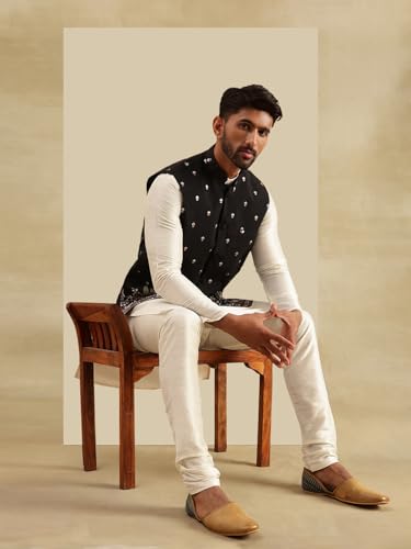 Image of SOJANYA Men's Silk Blend Cream Kurta and Pyjama With Daman Embroidered Nehru Jacket