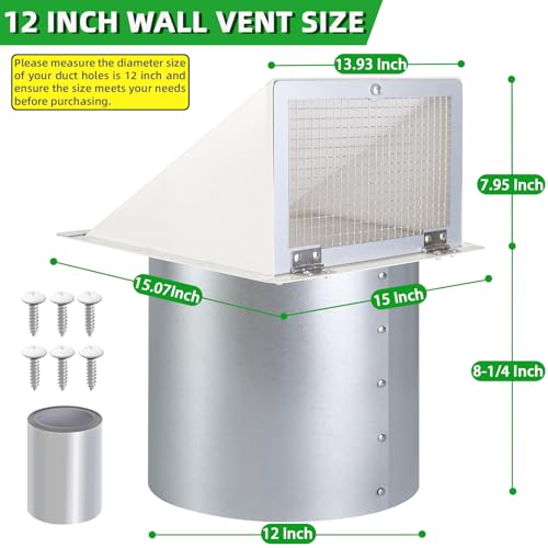 12 Inch Hooded Wall Vent with Screen and Damper,Outdoor Wall Exhaust Cover Cap Dryer Vent Cover for Duct HVAC Dryer AC Range Hood Exterior Cooling Ventilation and Outside Air Exhaust,Galvanized Steel by JYINCPED - Used condition - Image 2