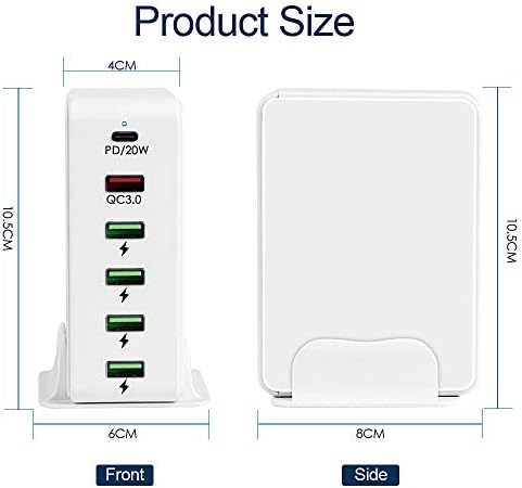 iLepo 65W Multi USB Charger Plug UK with 20w type-c power delivery +Quick Charge 3.0 +4X 5V2A(max) USB Port Smart Phone Charging Station compatible with iPad,i Phone,Galaxy,Pixel etc (White)