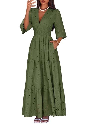 Lazysmile Long Sleeve Dresses for Women V Neck Hollow Out Eyelet Ruffle Swing A-Line Fall Vacation Boho Maxi Dress Army Green