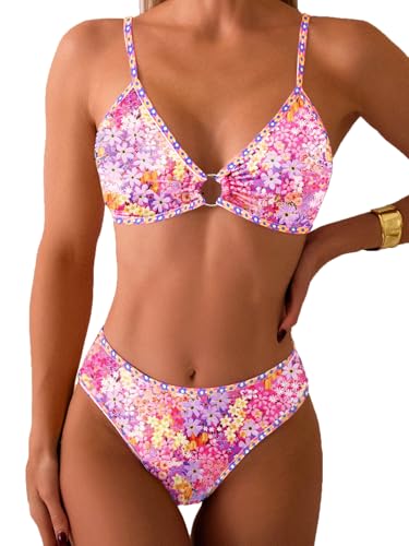 Image of Fanuerg Women's Triangle Bikini Sets O Ring Linked Two Piece Swimsuits Floral Printed Cheeky Bathing Suit