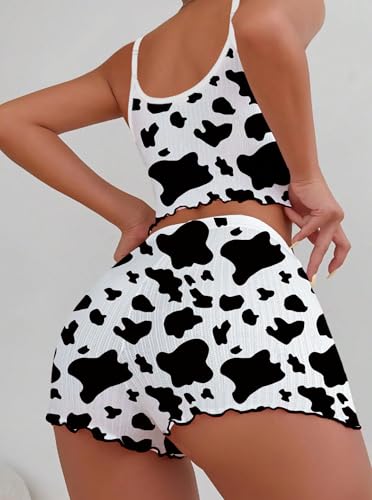Image of Hilinker Womens Graphic Print Ribbed PJ Set Crop Cami Tops and Shorts Cute Pajamas Set