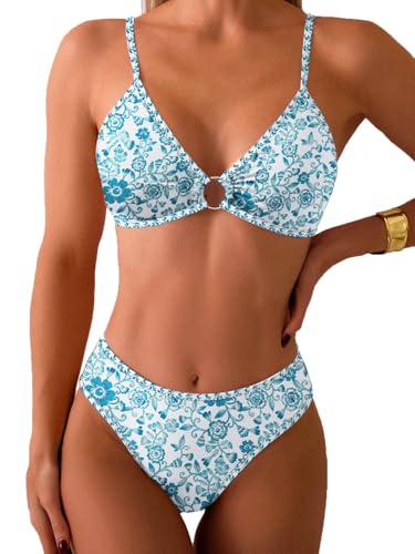 Image of Fanuerg Women's Triangle Bikini Sets O Ring Linked Two Piece Swimsuits Floral Printed Cheeky Bathing Suit