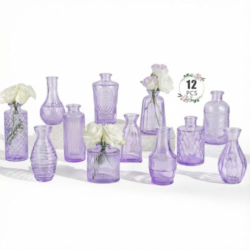 BEAHOT Bud Vase in Bulk - Flower Vases for Wedding Decorations Glass Vase for Table Decorations Small Vase for Home Mothers Day Centerpieces Party Office (12pack Purple)