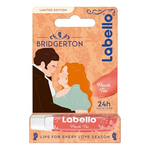 Labello Bridgerton Limited Edition Peach Tea 4.8 g, Balsamo labbra colorato in edizione limitata, Burrocacao labbra lip balm idratante 24h con aroma di Pesca e tocco di colore brillante
