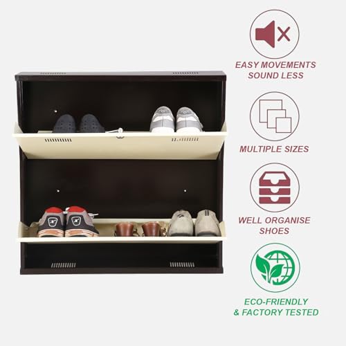 Image of Metal Shoe Rack Wall Mounted for Home with Central Locking 2 Door 28 inch Wall Mounted Metal 6 Pair Shoe Rack Cabinet Pre-Assembled Rack Shelves|3 Year Warranty (Brown & Ivory)