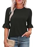 Rapbin Women 3/4 Bell Sleeve Shirts Crew Neck Ruffle Sleeve Tops Loose Flowy T-Shirts Vacation Casual Tunic Blouse Black, M