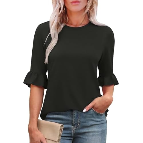 Rapbin Womens 3/4 Length Sleeve Tops Loose Fit Casual Crew Neck Shirts Ruffle Tunic Blouses Blcak X-Large